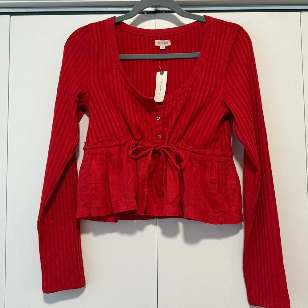 Pilcro Red Ribbed Long Sleeve Peplum Blouse